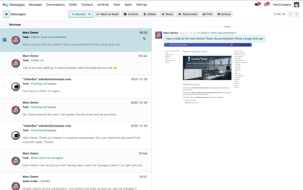 Messages Easy - Email and messaging for Odoo